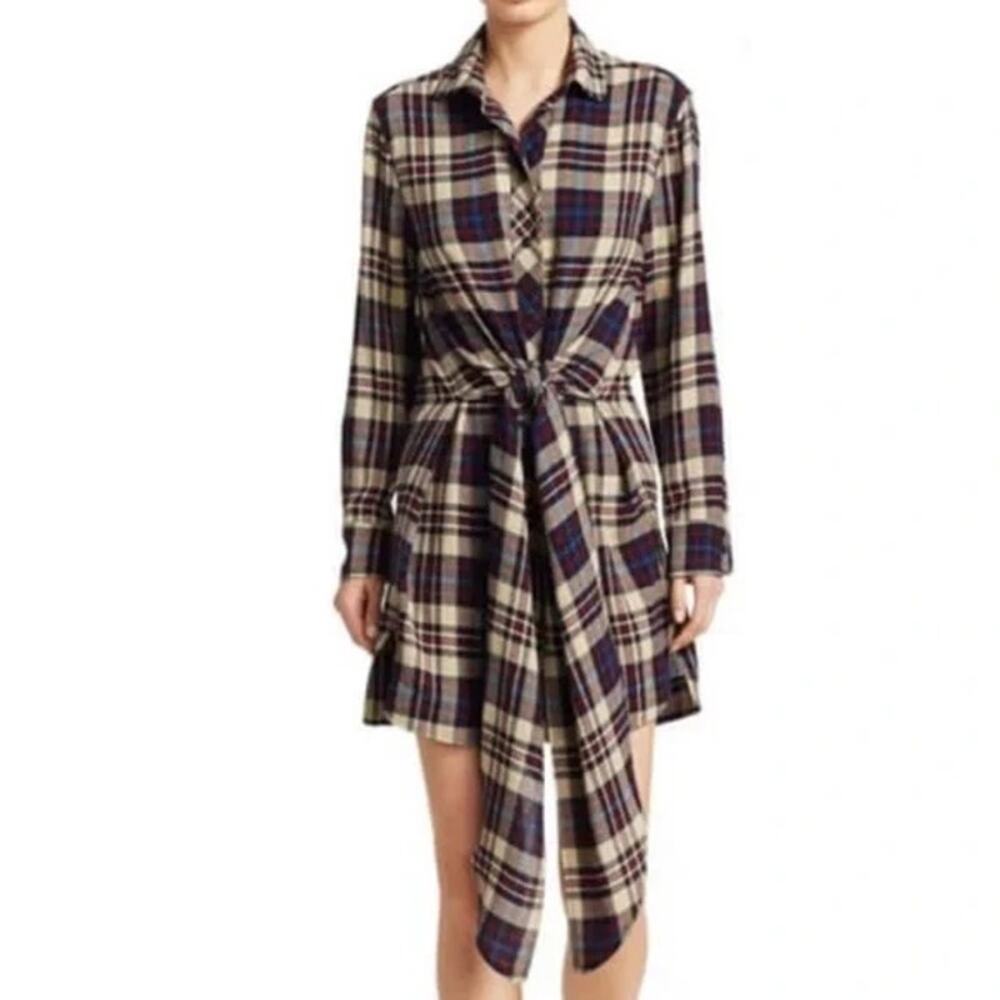Rag & Bone Felicity‎ Small Navy Plaid Tie-Front Shirt Dress Wool Blend